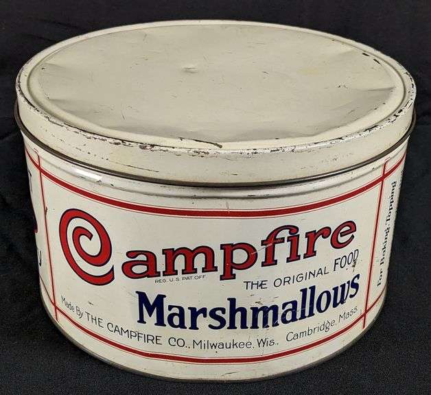 5# TIN LITHO CAN CAMPFIRE MARSHMALLOWS MILWAUKEE WISCONSIN & CAMBRIDGE MASSACHUSSETTS