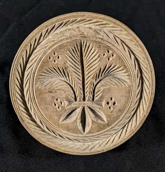 ANTIQUE PRIMITIVE CARVED WOOD BUTTER PRINT MOLD STAMP FLEUR-DE-LIS