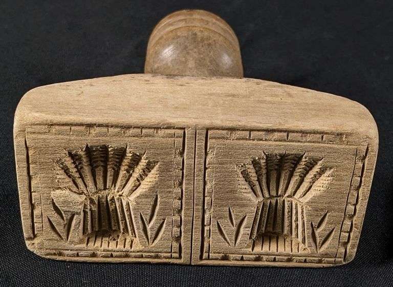 ANTIQUE PRIMITIVE CARVED WOOD BUTTER PRINT MOLD STAMP WHEAT SHEAF'S