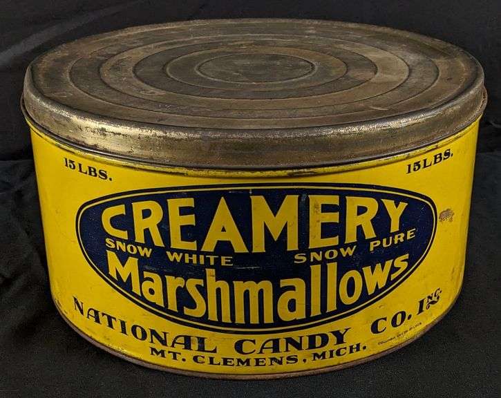 15# TIN LITHO CAN CREAMERY SNOW WHITE MARSHMALLOWS NATIONAL CANDY CO MT CLEMENS MICHIGAN
