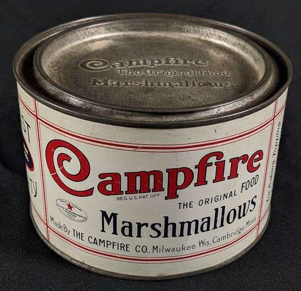 10 OZ TIN LITHO CAN CAMPFIRE MARSHMALLOWS MILWAUKEE WISCONSIN & CAMBRIDGE MASSACHUSSETTS