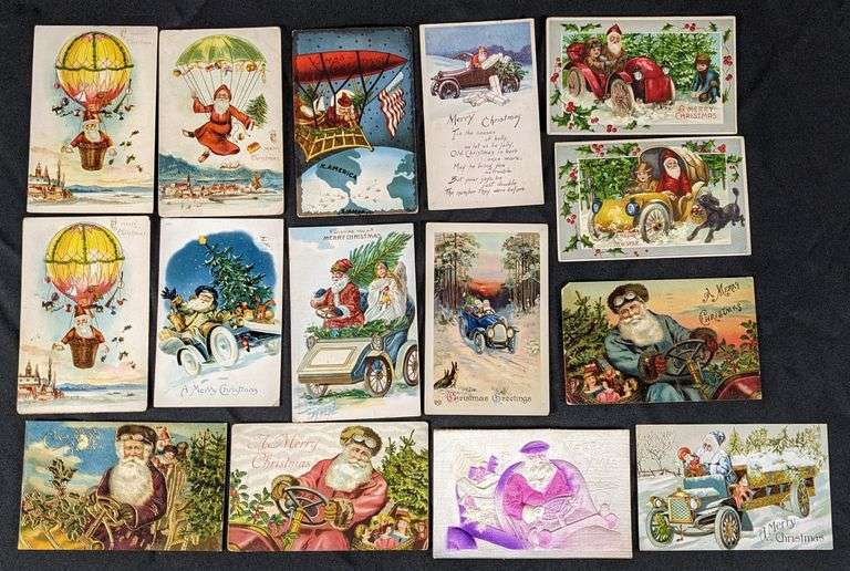 15 ANTIQUE AUTOMOBILE & AIRSHIP SANTA CLAUS CHRISTMAS POST CARDS