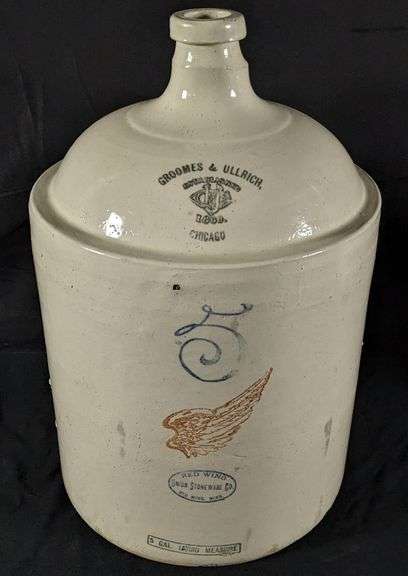 5 GAL ADVERTISING RED WING STONEWARE CROCK JUG GROMMES & ULLRICH CHICAGO ILLINOIS (PRE PROHIBITION)