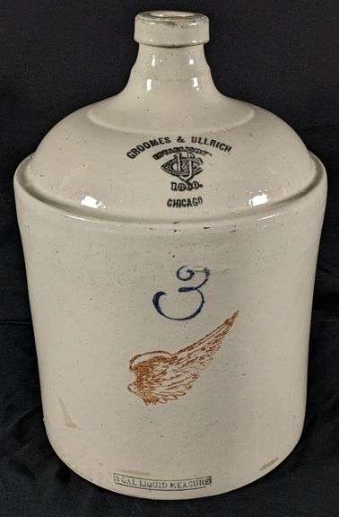 3 GAL ADVERTISING RED WING STONEWARE CROCK JUG GROMMES & ULLRICH CHICAGO ILLINOIS (PRE PROHIBITION)