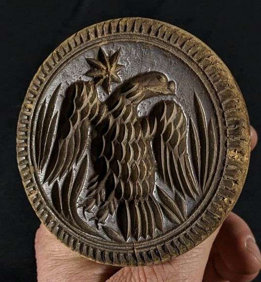 ANTIQUE PRIMITIVE CARVED WOOD BUTTER PRINT MOLD STAMP EAGLE