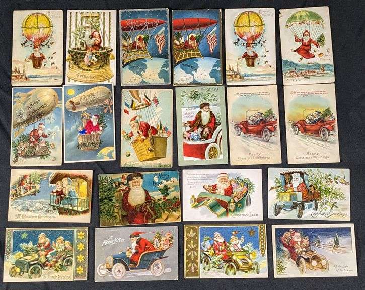 20 ANTIQUE AIRSHIP & AUTOMOBILE SANTA CLAUS CHRISTMAS POST CARDS