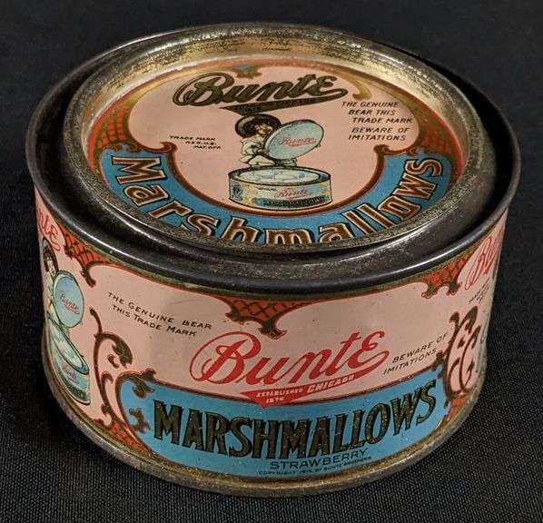 4 OZ TIN LITHO CAN BUNTE STRAWBERRY MARSHMALLOWS CHICAGO ILLINOIS