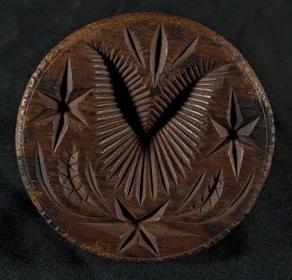 ANTIQUE PRIMITIVE CARVED WOOD BUTTER PRINT MOLD STAMP STARS & LEAF