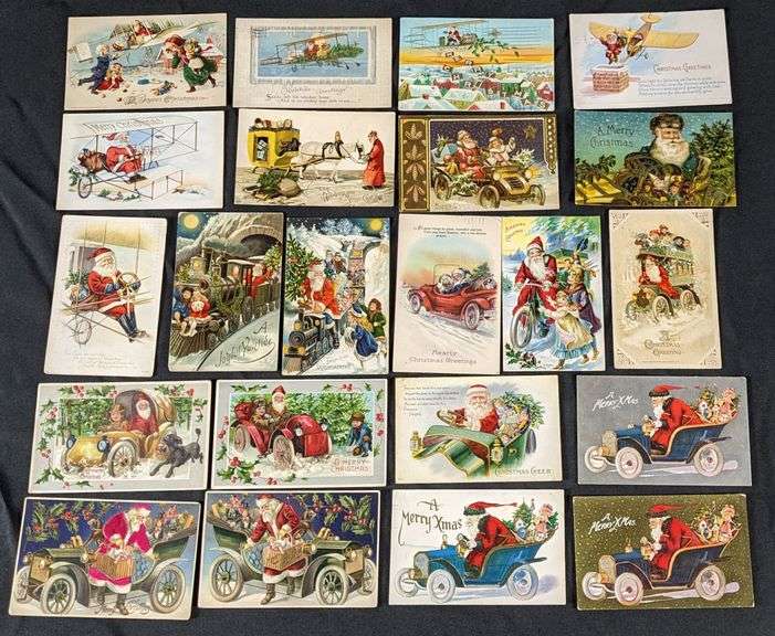 22 ANTIQUE PLANES TRAINS & AUTOMOBILES SANTA CLAUS CHRISTMAS  POST CARDS
