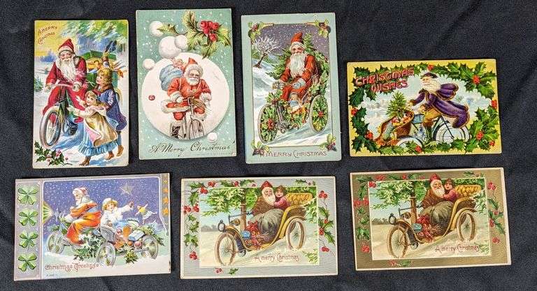7 ANTIQUE BICYCLE & MOTORCYCLE SANTA CLAUS CHRISTMAS POST CARDS