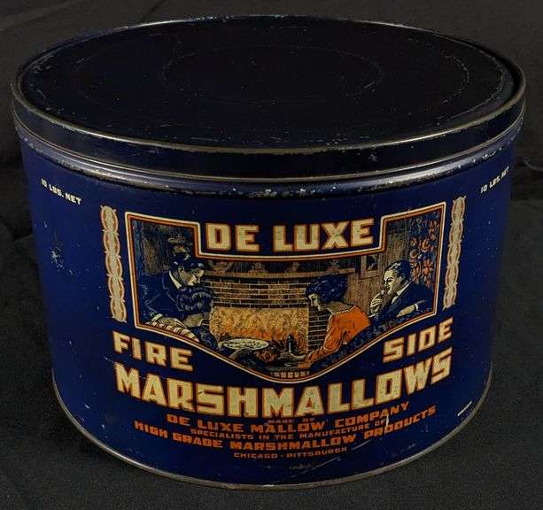 10# TIN LITHO CAN DE LUXE FIRESIDE MARSHMALLOWS CHICAGO ILLINOIS PITTSBURGH PENNSYLVANIA