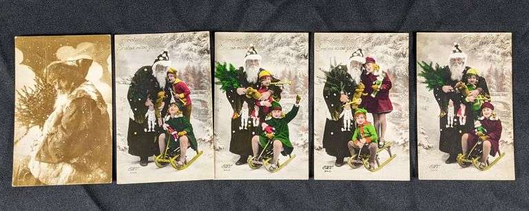 5 ANTIQUE COLORED & BLACK & WHITE PHOTO PHOTOGRAPH SANTA CLAUS CHRISTMAS POST CARDS