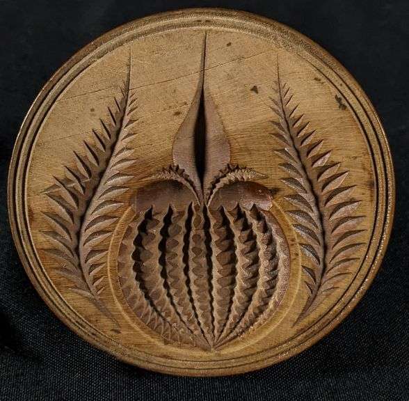ANTIQUE PRIMITIVE CARVED WOOD BUTTER PRINT MOLD STAMP PINEAPPLE & FERN