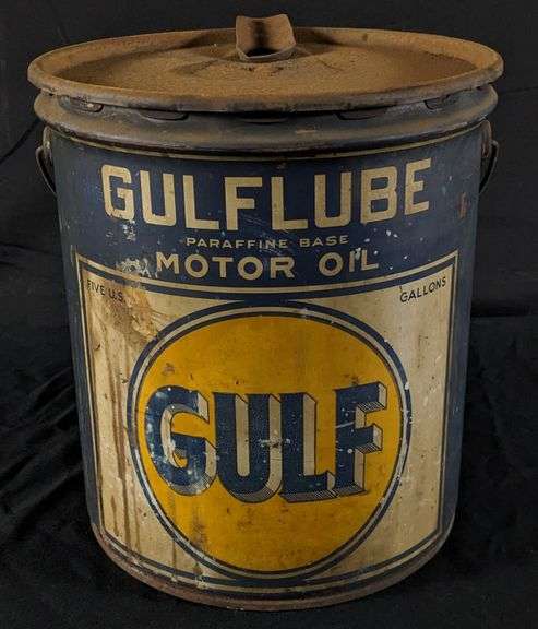 5 GAL GULFLUBE GULF MOTOR OIL CAN - Millers Auction Co.