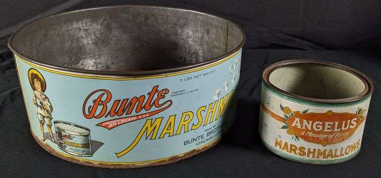 10 OZ & 5# TIN LITHO MARSHMALLOW CANS BUNTE & ANGELUS CHICAGO ILLINOIS
