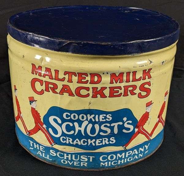 TIN LITHO CAN SCHUST'S MALTED MILK CRACKERS MICHIGAN