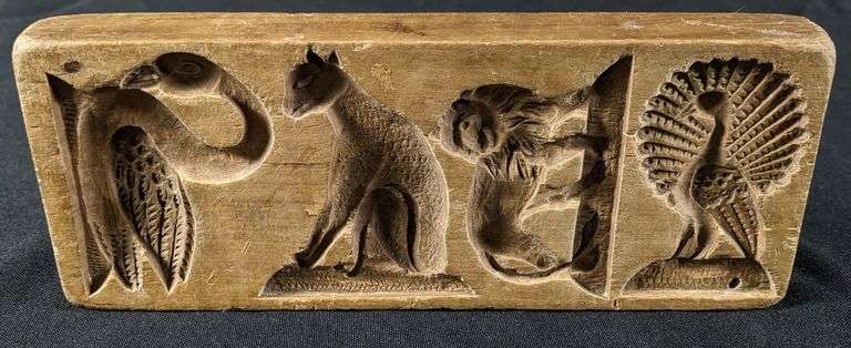 ANTIQUE PRIMITIVE CARVED WOOD BUTTER PRINT MOLD STAMP 8 DIFFERENT ANIMALS