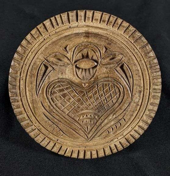 ANTIQUE PRIMITIVE CARVED WOOD BUTTER PRINT MOLD STAMP HEART