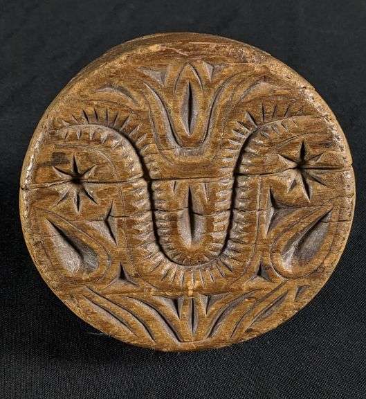ANTIQUE PRIMITIVE CARVED WOOD BUTTER PRINT MOLD STAMP TULIP