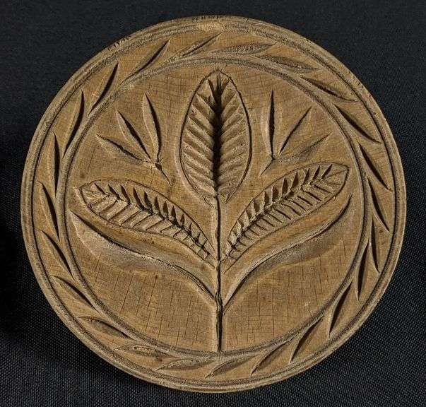 ANTIQUE PRIMITIVE CARVED WOOD BUTTER PRINT MOLD STAMP FLOWER DESIGN