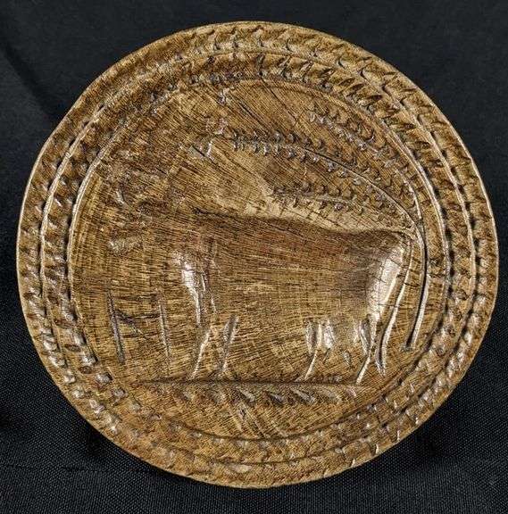 ANTIQUE PRIMITIVE CARVED WOOD BUTTER PRINT MOLD STAMP DAIRY COW