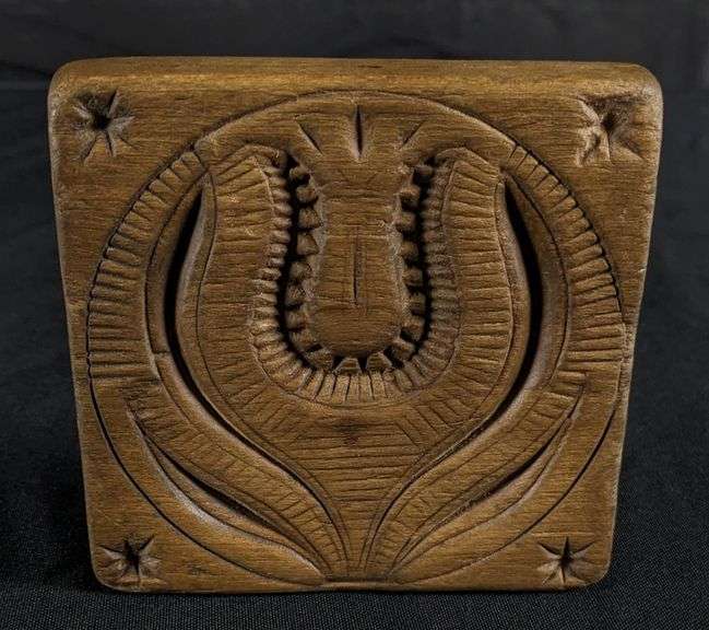 ANTIQUE PRIMITIVE CARVED WOOD BUTTER PRINT MOLD STAMP TULUP FLOWER
