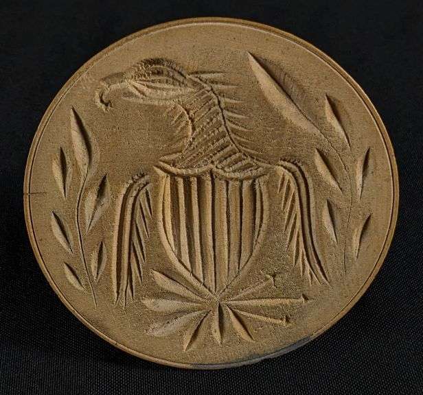 ANTIQUE PRIMITIVE CARVED WOOD BUTTER PRINT MOLD STAMP FEDERAL EAGLE