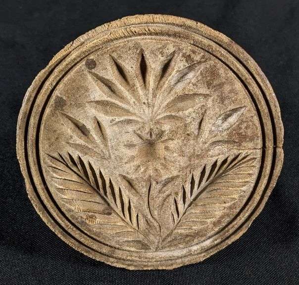 ANTIQUE PRIMITIVE CARVED WOOD BUTTER PRINT MOLD STAMP FLOWER DESIGN