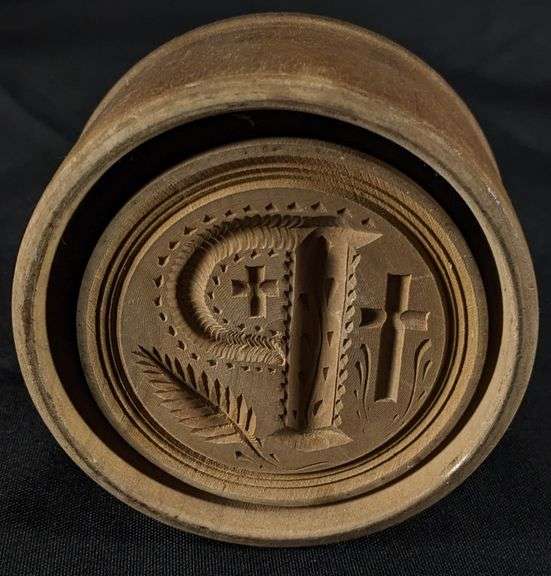ANTIQUE PRIMITIVE CARVED WOOD BUTTER PRINT MOLD STAMP RELIGIOUS CROSS LETTER "P