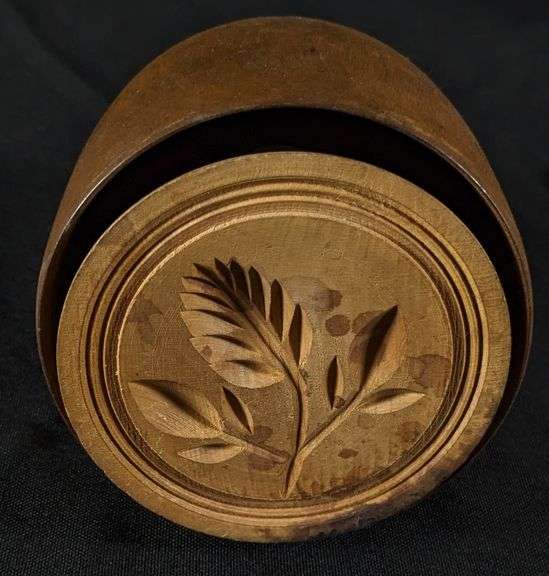 ANTIQUE PRIMITIVE CARVED WOOD BUTTER PRINT MOLD STAMP FLOWER DESIGN (JNO SPANGLER HARDWARE ADVERTISI