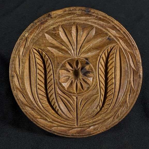 ANTIQUE PRIMITIVE CARVED WOOD BUTTER PRINT MOLD STAMP FLOWER DESIGN