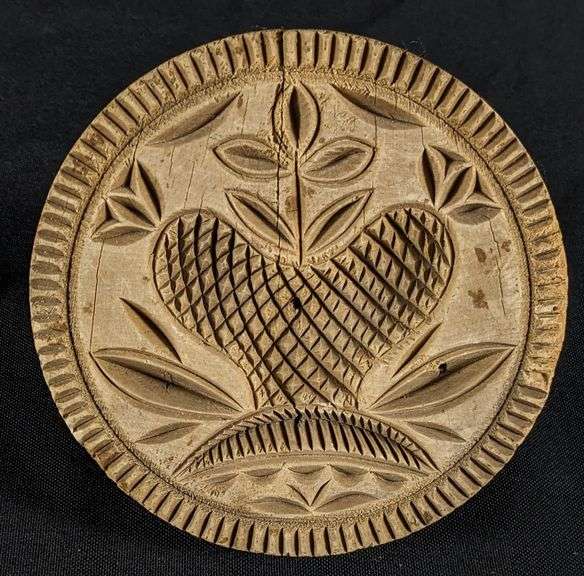 ANTIQUE PRIMITIVE CARVED WOOD BUTTER PRINT MOLD STAMP FLOWER DESIGN