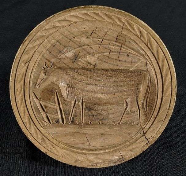 ANTIQUE PRIMITIVE CARVED WOOD BUTTER PRINT MOLD STAMP DAIRY COW