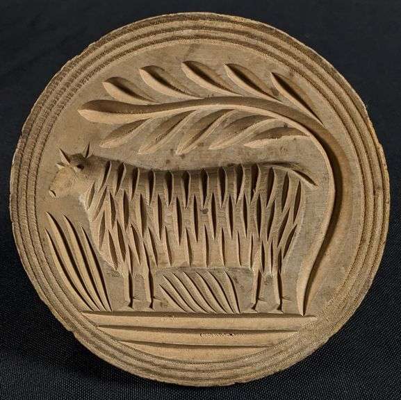 ANTIQUE PRIMITIVE CARVED WOOD BUTTER PRINT MOLD STAMP SHEEP