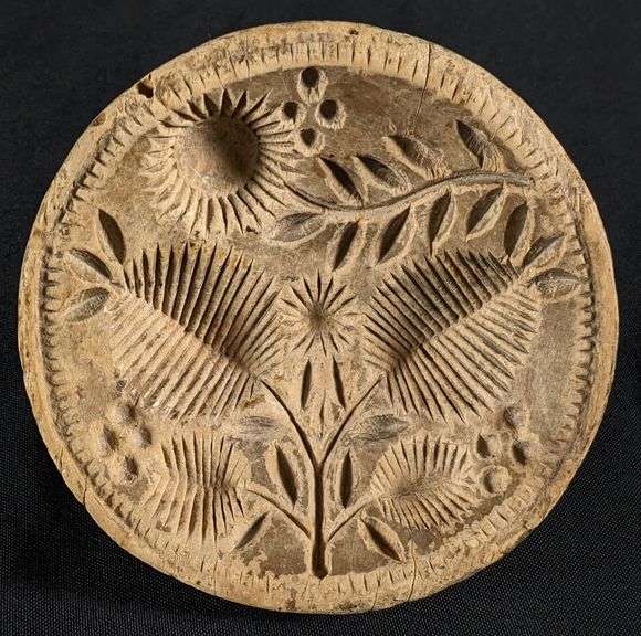 ANTIQUE PRIMITIVE CARVED WOOD BUTTER PRINT MOLD STAMP FLOWER