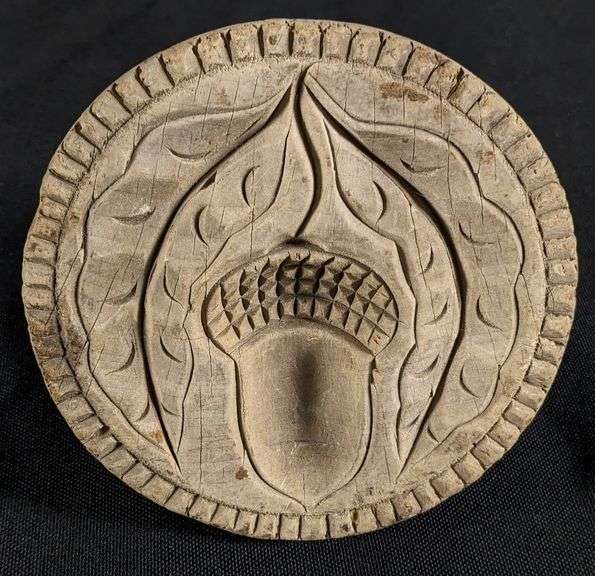 ANTIQUE PRIMITIVE CARVED WOOD BUTTER PRINT MOLD STAMP ACORN