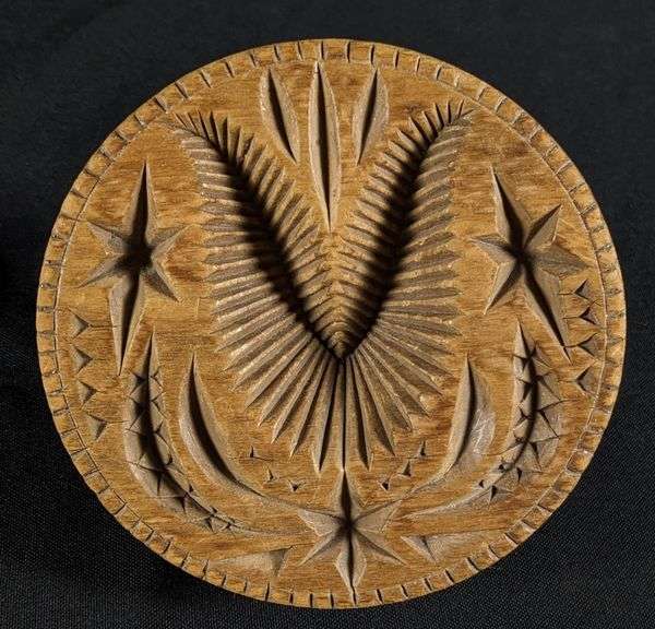 ANTIQUE PRIMITIVE CARVED WOOD BUTTER PRINT MOLD STAMP TULIP & STARS