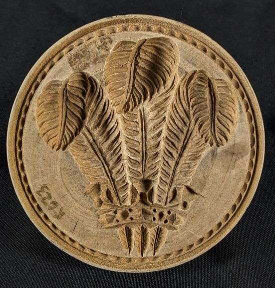 ANTIQUE PRIMITIVE CARVED WOOD BUTTER PRINT MOLD STAMP FEATHER PLUME