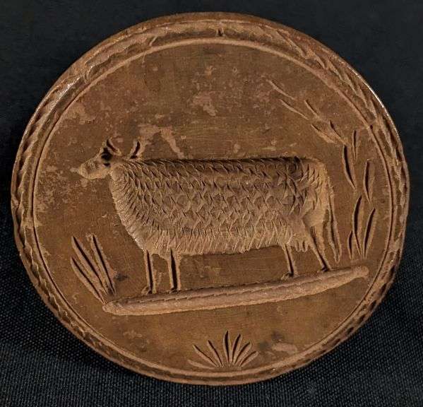 ANTIQUE PRIMITIVE CARVED WOOD BUTTER PRINT MOLD STAMP DAIRY COW OR GOAT/SHEEP