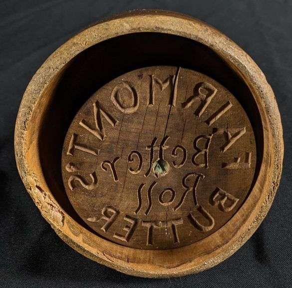 ANTIQUE PRIMITIVE CARVED WOOD BUTTER PRINT MOLD ADVERTISING FAIRMONT'S BUTTER BETTER ROLL