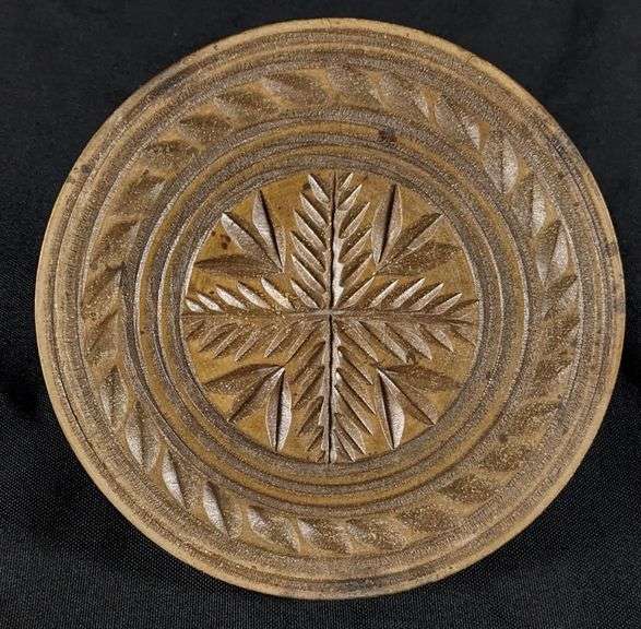 ANTIQUE PRIMITIVE CARVED WOOD BUTTER PRINT MOLD STAMP LEAF / FLOWER