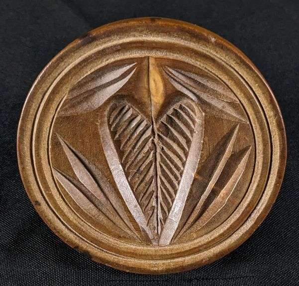 ANTIQUE PRIMITIVE CARVED WOOD BUTTER PRINT MOLD STAMP HEART