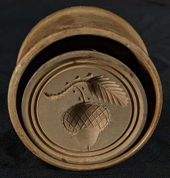 ANTIQUE PRIMITIVE CARVED WOOD BUTTER PRINT MOLD STAMP ACORN