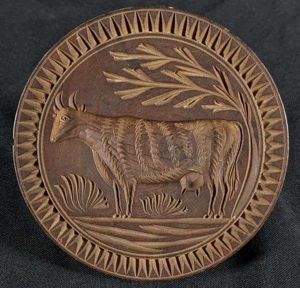 ANTIQUE PRIMITIVE CARVED WOOD BUTTER PRINT MOLD STAMP DAIRY COW