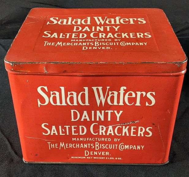 2# 8oz TIN LITHO BIN SALAD WAFERS DAINTY SALTED CRACKERS MERCHANTS BISCUIT CO DENVER COLORADO
