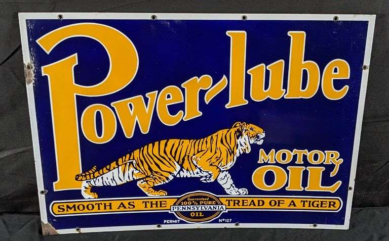 PORCELAIN SIGN POWER-LUBE MOTOR OIL TIGER GRAPHICS (2 SIDED)