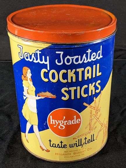 TIN LITHO CAN TASTY TOASTED COCKTAIL STICKS HYGRADE BAKERY CO PHILADELPHIA PENNSYLVANIA