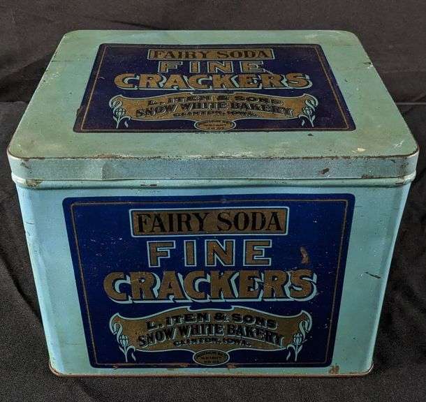 3# TIN LITHO CAN FAIRY SODA FINE CRACKER L. ITEN & SONS BAKERY CLINTON IOWA.