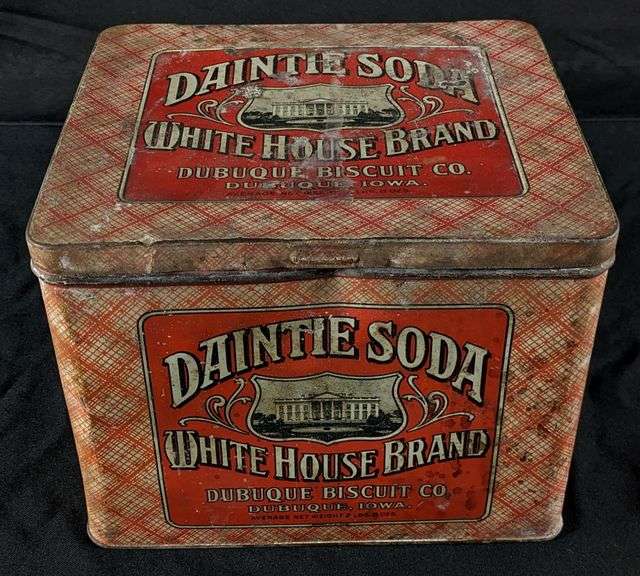 2# 8OZ TIN LITHO BIN DAINTIE SODA WHITE HOUSE BRAND DUBUQUE BISCUIT CO IOWA CRACKER