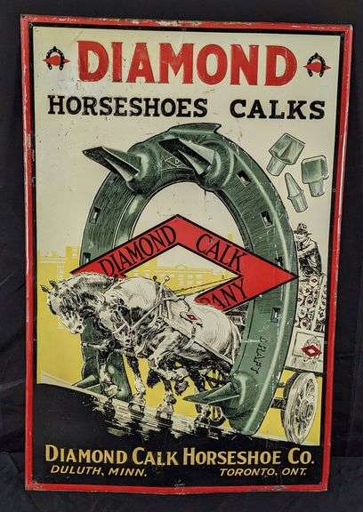 RARE EMBOSSED TIN SIGN DIAMOND HORSESHOE CALKS DULUTH MINNESOTA TORONTO ONTARIO CANADA